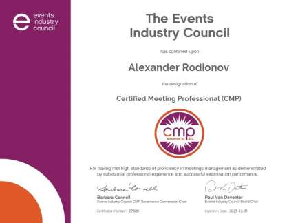 Tsar Event’ Founder & Director - Alexander Rodionov, CMP, CITP has recertified and reconfirmed his designation CMP (Certified Meeting Professional)